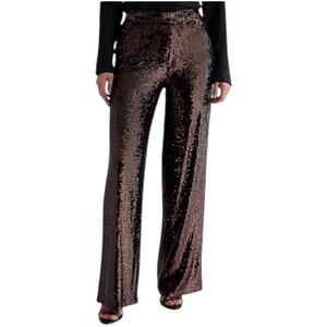 NWT Express Womens Bronze Sequin High Waisted Wide Leg Holiday Pants Sz 0R $118
